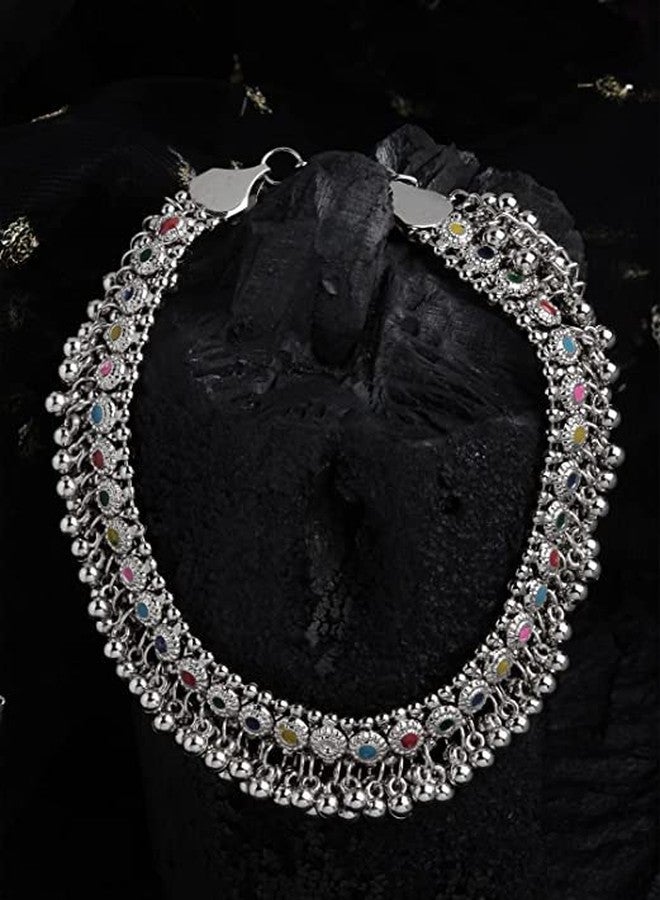 Siddhatva Indian Designer Silver Oxidized Ethnic Statement Traditional Ghungroo Beads Choker Necklace Jewelry Multi - Image 3